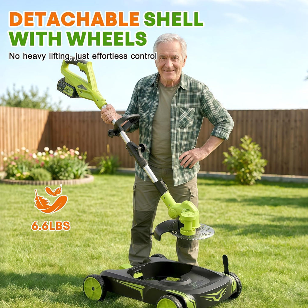 4-in-1 Electric Small Lawn Mower with Detachable Wheeled Base, 3 Position Cutting Height, Cordless Mini Push Mower Battery Powered for Garden/Yard/Farm, Gardening Gifts for Parents, Seniors, Women