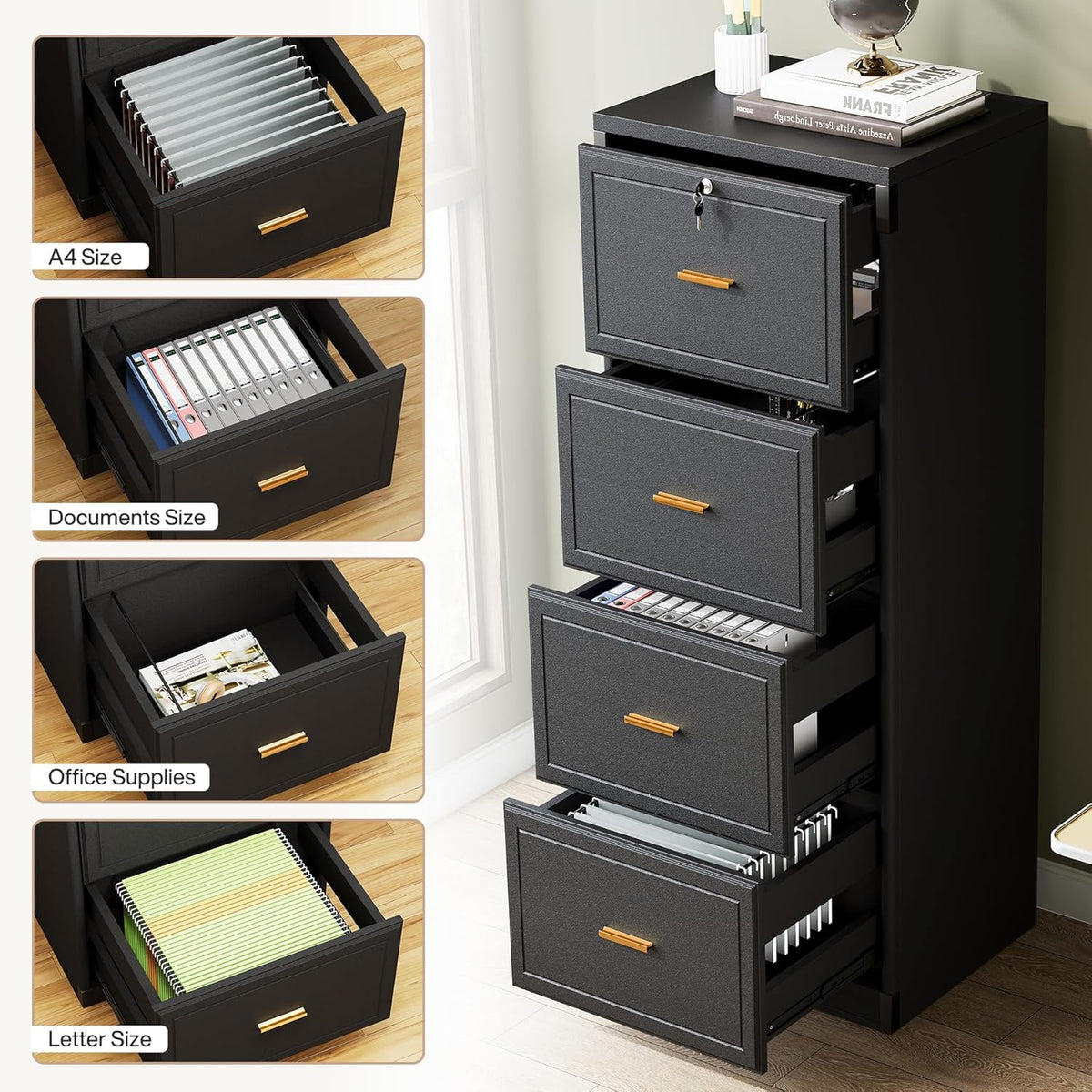 Tribesigns 4-Drawer File Cabinet with Lock, Locked File Cabinet with Key, Tall Wooden Filing Cabinets for Home Office, Vertical Office Storage for Legal Size/Letter/A4/Files, Black