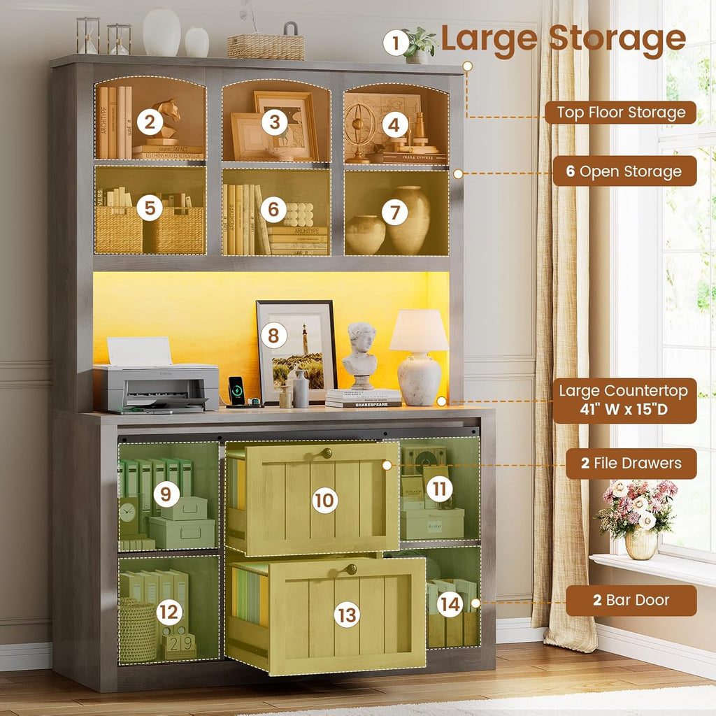 SEDETA 2 Drawer File Cabinet with Power Strip, 41” Farmhouse Filing Cabinet fits Legal, Letter, A4 Size Files for Home Office, Printer Stand with Storage Shelf, Bar Door and LED Lights (Grey)