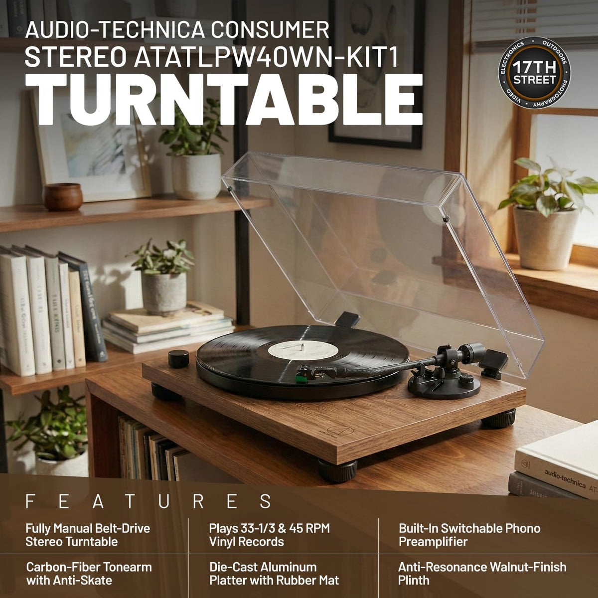 Audio-Technica AT-LPW40WN Fully Manual Belt-Drive Stereo Turntable (Walnut) with 4 Inch Powered Bookshelf Speakers (Pair), Premium Vinyl Record Cleaning Kit and Cork Turntable Platter Mat - Bundle Set