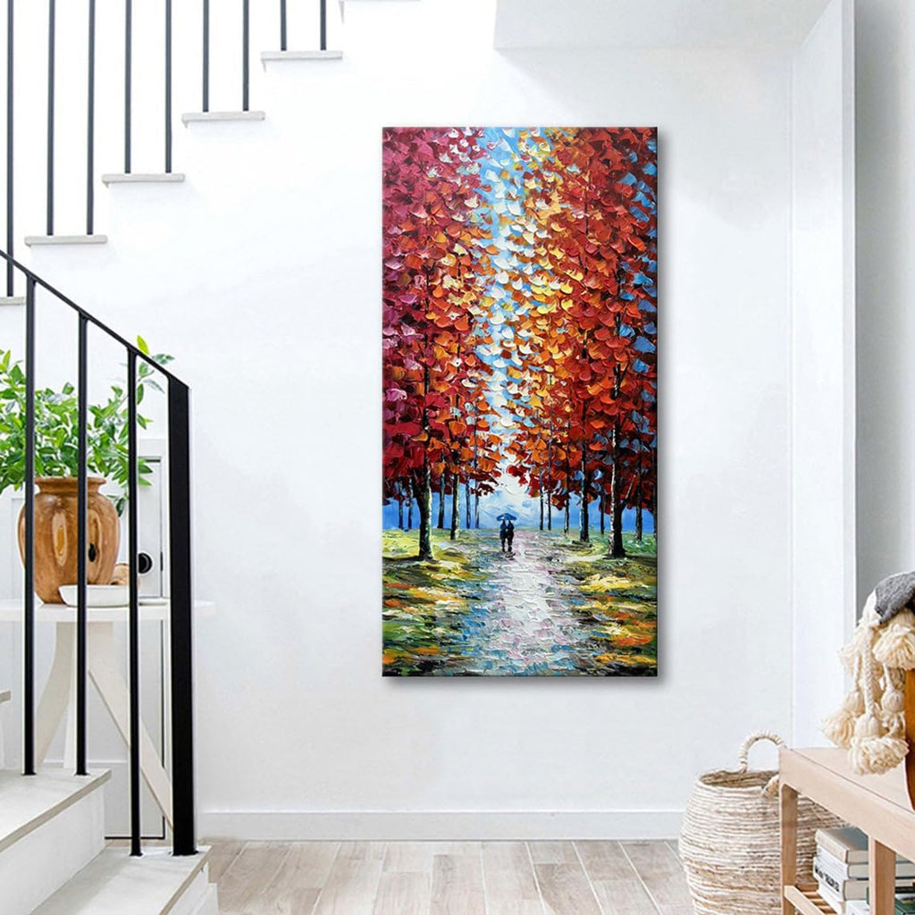 Alenoss Hand Painted 3D Abstract Oil Paintings on Canvas 24x48 Inches Large Modern Forest Landscape Vertical Red Canvas Wall Art Framed Artwork for Living room Bedroom Tree Art Decor