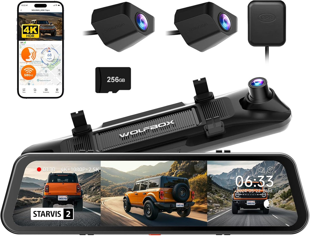 WOLFBOX G900 Tripro Bumper Version 3 Channel 4K Mirror Dash Cam, 8MP STARVIS 2 IMX678 Night Vision, 4K+2.5K+1080P Front and Rear Bumper Dash Cam, 5.8GHz WiFi, Voice Control, Includes 256GB Card & GPS