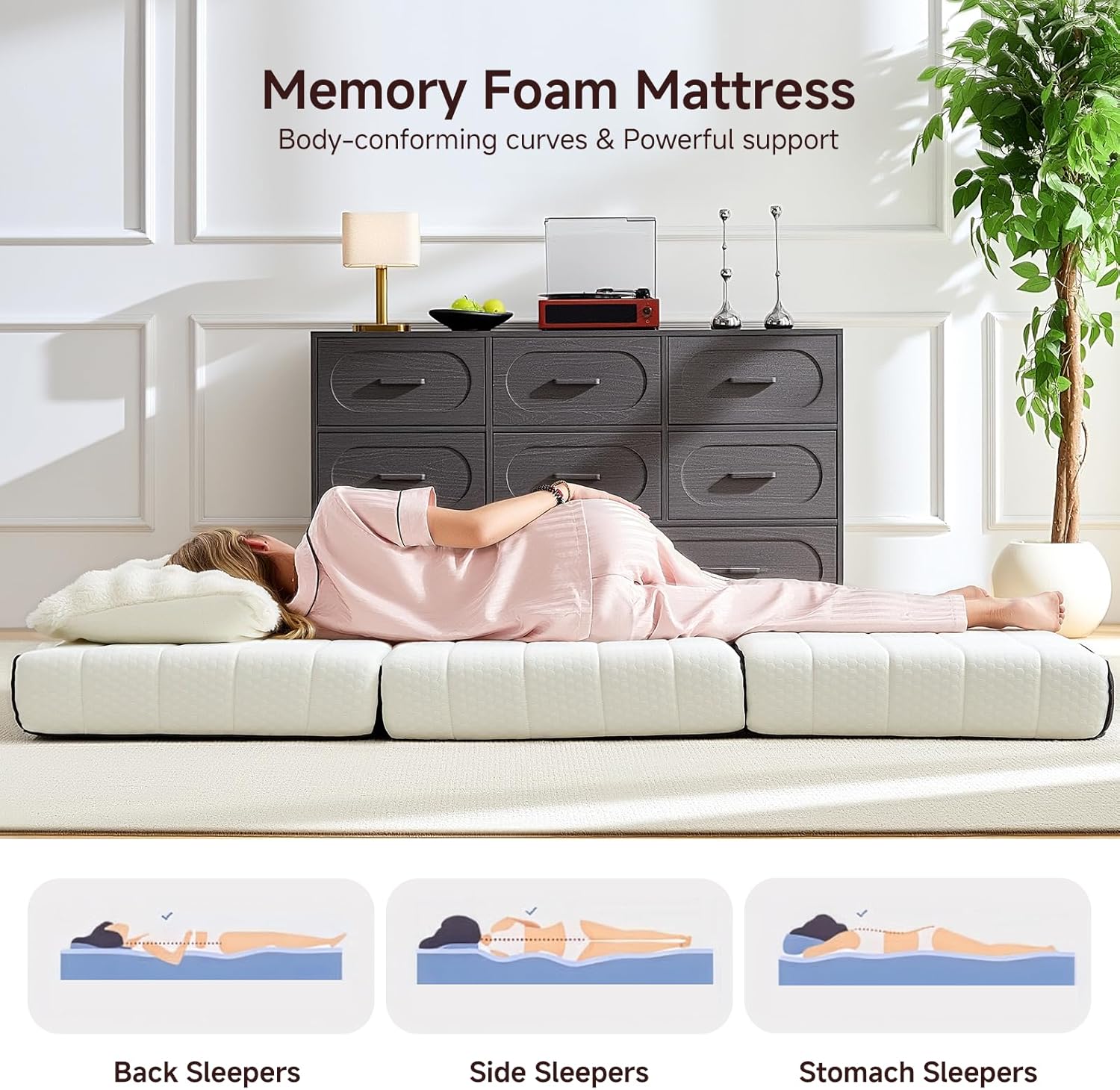 ROXGOX Foldable Mattress, King Tri-Fold Memory Foam Mattress with Washable Cover, Handle & Non-Slip Bottom, 6 Inch Portable Folding Bed for Guest, Yoga, Living Room, Camping - 80"x76"x6"
