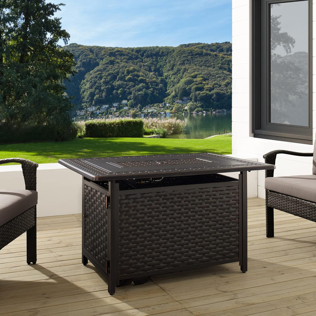 Fire Sense 63699 Albany Woven Aluminum Convertible Gas Fire Pit Table 45,000 BTU Multi-Functional Outdoor Firepit with Fire Bowl Lid Nylon Cover & Clear Fire Glass - Bronze Finish - Rectangular 44"