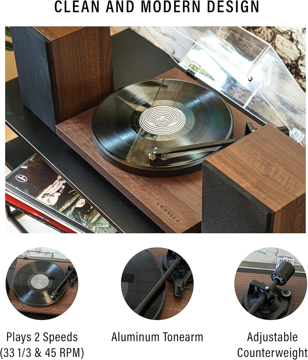 Crosley C62 Bluetooth Vinyl Record Player 120W Speakers, 2-Speed Belt-Drive Turntable, Anti-Skate, Walnut