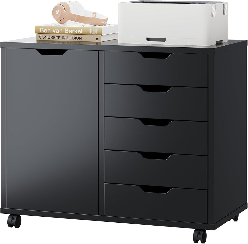 DUMOS 5 Drawer File Cabinet Office Drawers Organizer with Wheels Rolling, Under Desk Cabinets with Shelves and Door Printer Stand with Wood Board Metal Frame for Home Office Storage Craft Room, Black