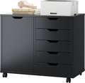 DUMOS 5 Drawer File Cabinet Office Drawers Organizer with Wheels Rolling, Under Desk Cabinets with Shelves and Door Printer Stand with Wood Board Metal Frame for Home Office Storage Craft Room, Black