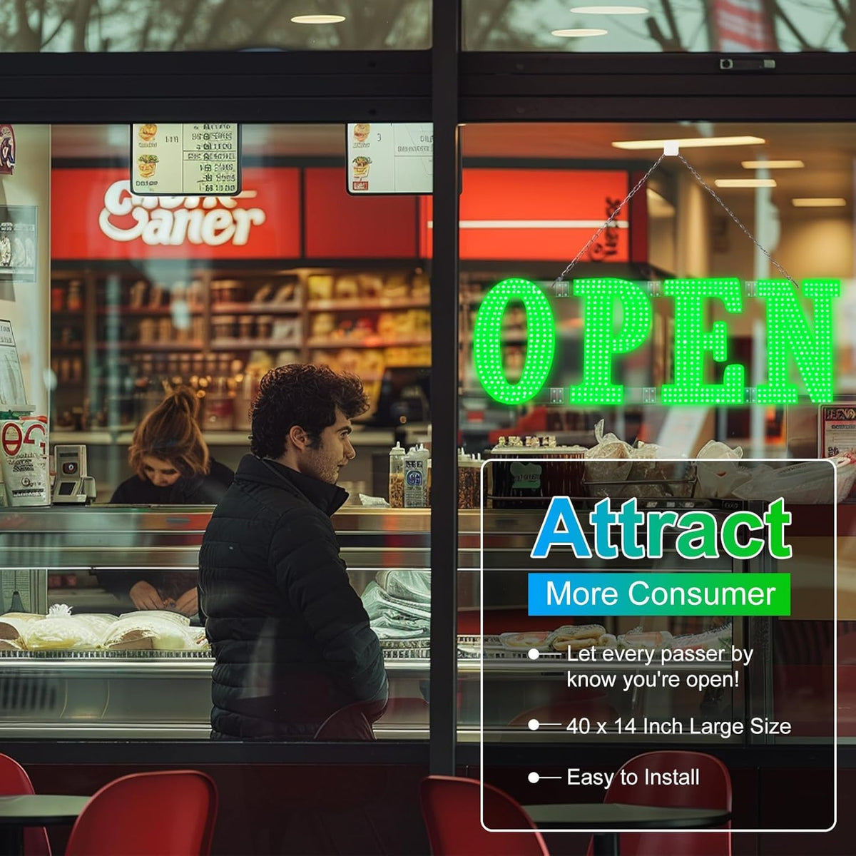 40"x14" Large LED Open Signs for Business Super Bright Unique Design Open Sign with Hanging Installation for Window Stores Bar Hotel Retail Shops Salon Restaurant Office Green
