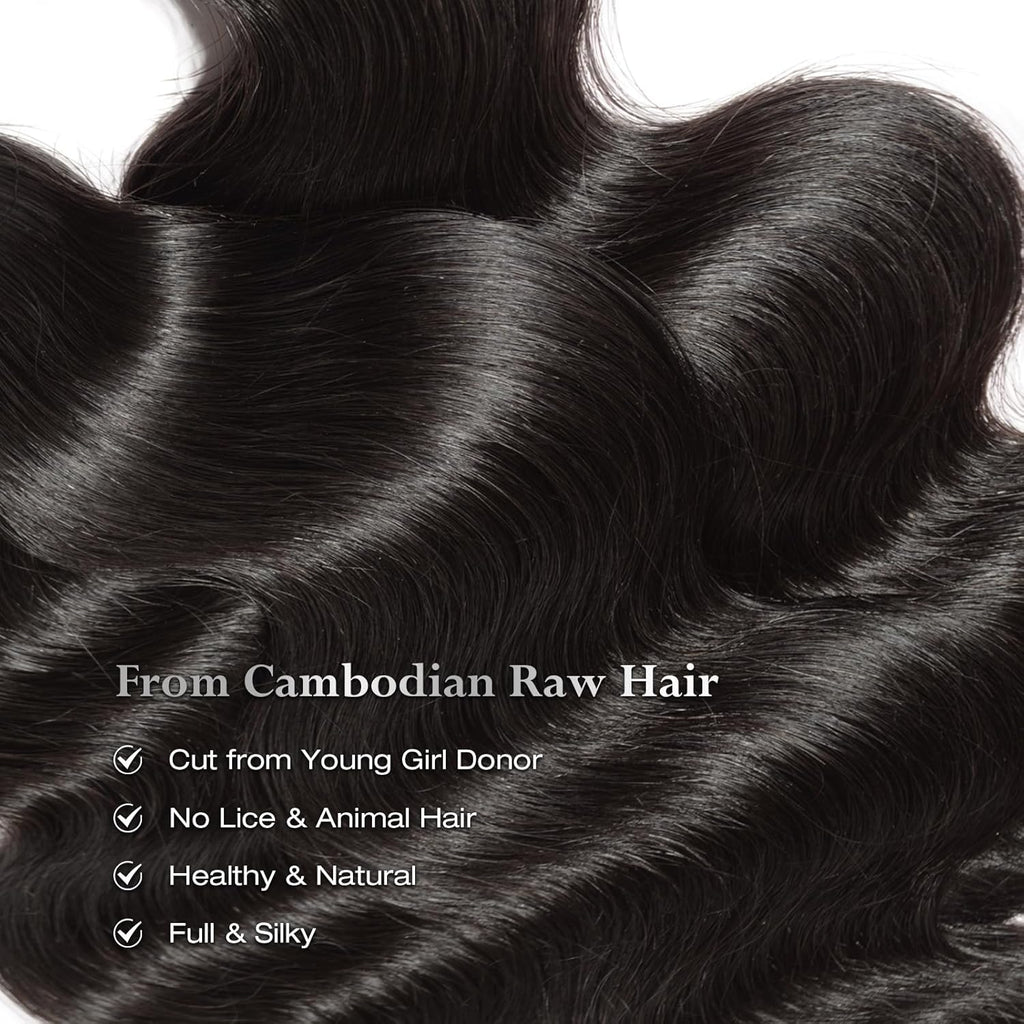 ASHINE Human Hair Bundles Body Wave, Unprocessed Cambodian Raw Hair Bundles for Women Natural Black 16 18 20 Inch, Keep Soft and Silky After Multiple Washes