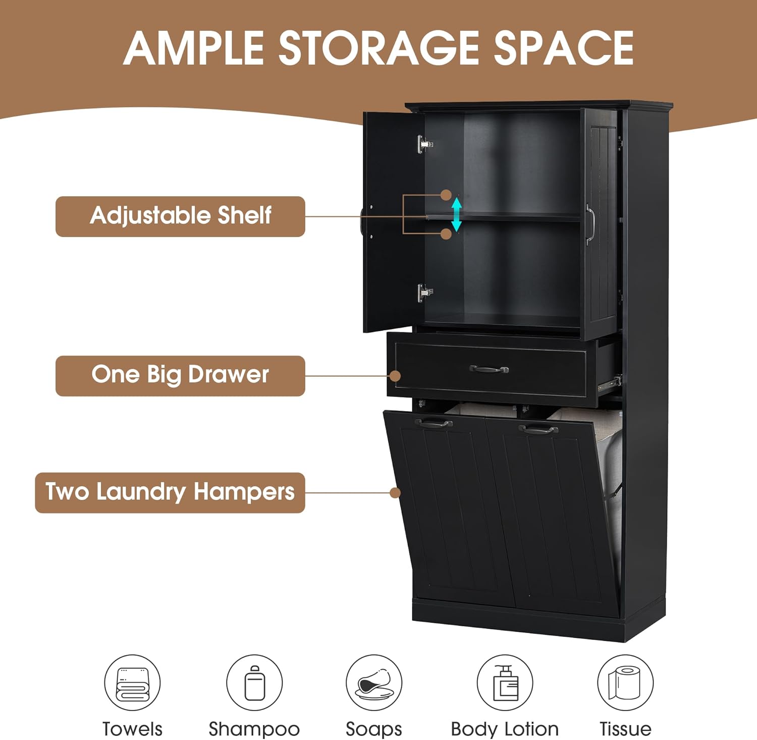 Virubi Tall Laundry Cabinet with 2 Tilt Out Laundry Hamper, Modern Wood Bathroom Storage Cabinet with Drawers, Doors and Adjustable Shelves for Home, Freestanding