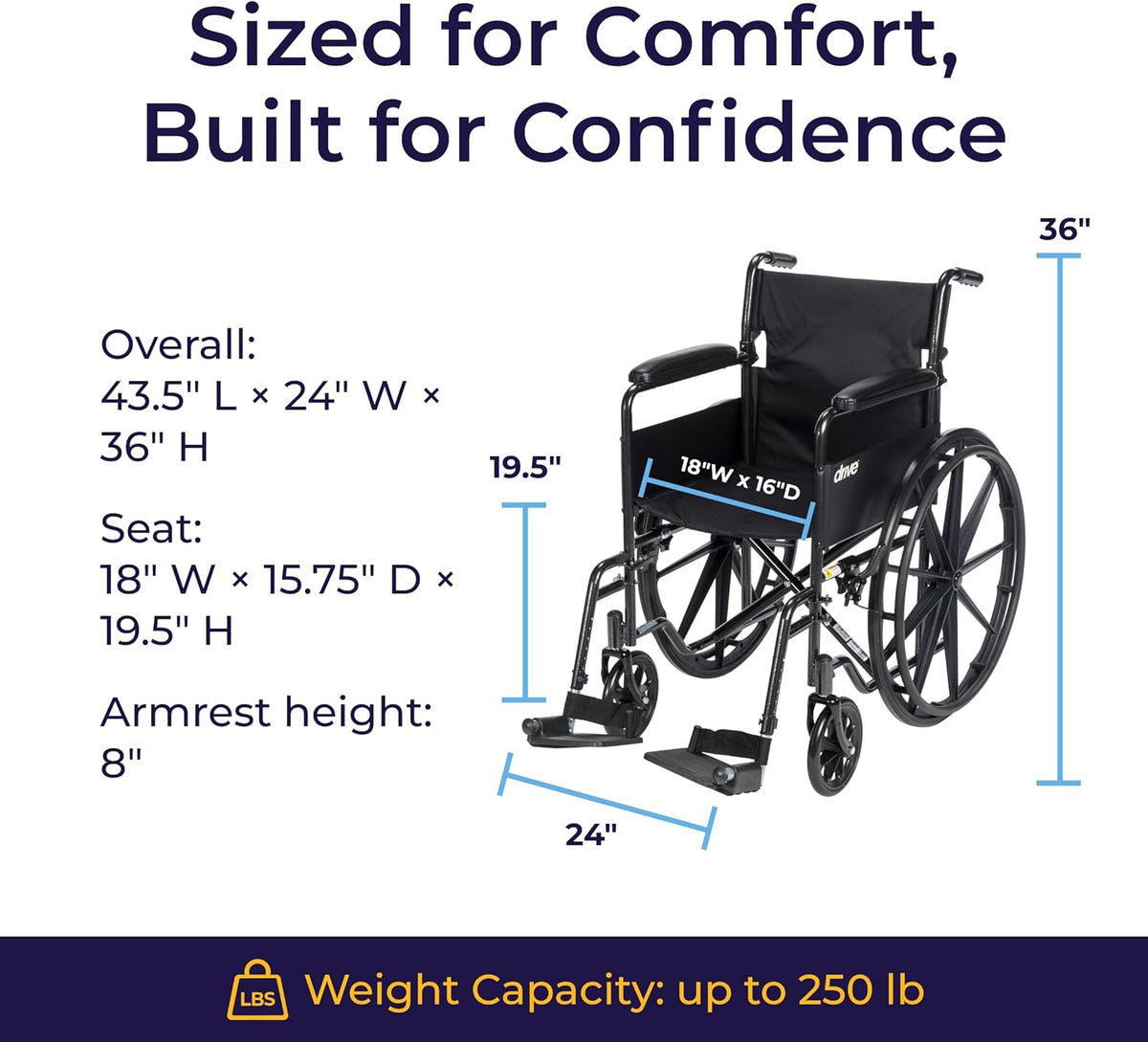 Drive Medical Silver Sport 1 Folding Transport Wheelchair - Lightweight Mobility Support - Full Armrests - Removable Swing-Away Footrests - Durable Steel Construction - Compact Folding Frame - Black