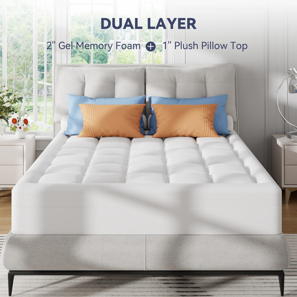ELEMUSE Queen Size Dual Layer 3 Inch Memory Foam Mattress Topper,Cooling Gel Memory Foam Pillow Top Mattress Pad Cover for Back Pain Relief