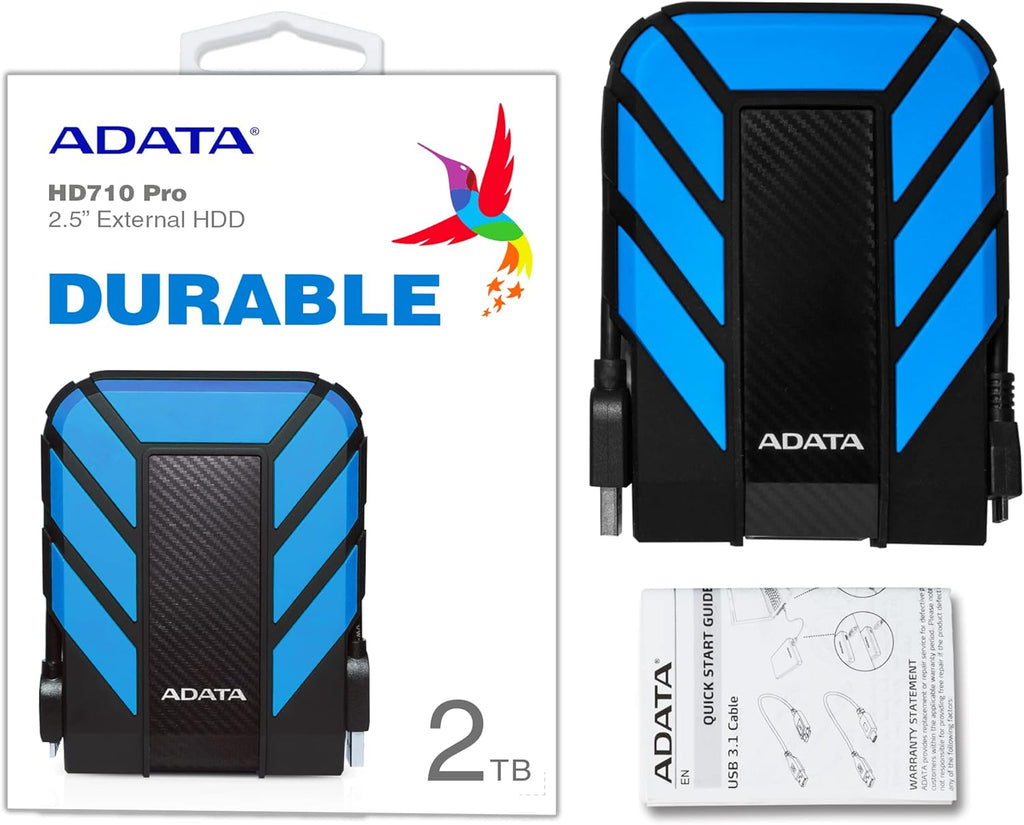 ADATA HD710 Pro - 2 TB External Hard Drive - Shockproof, Waterproof & Dustproof - Durable Storage - For Gamers, Students & Professionals - Mac, PC & Linux Compatible - Blue - AHD710P-2TU31-CBL