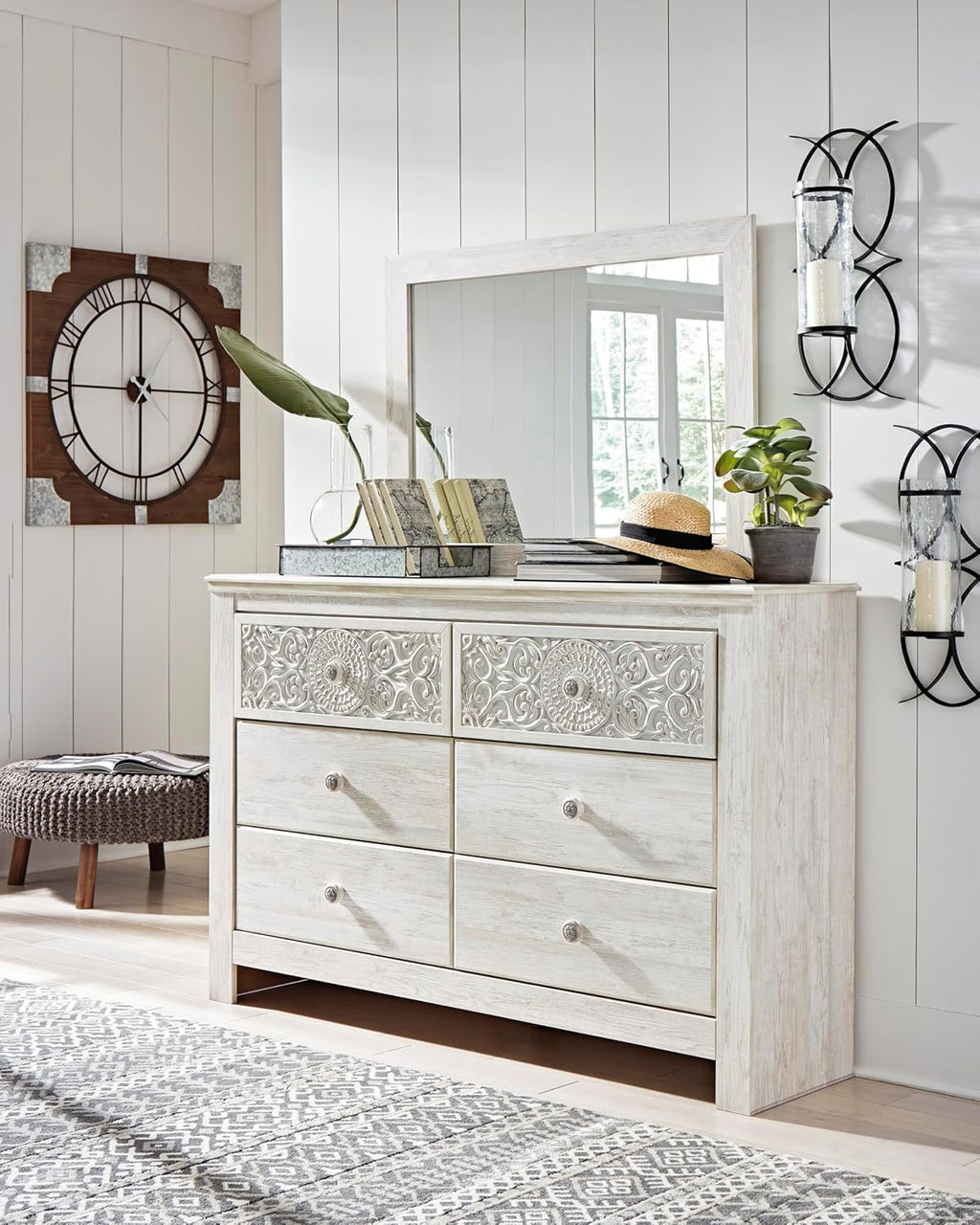 Signature Design by Ashley Paxberry Boho 6 Drawer Dresser, Smooth-gliding Faux Laminate Lined Drawers, Wood, 61.26" W x 15.83" D x 40" H, Whitewash