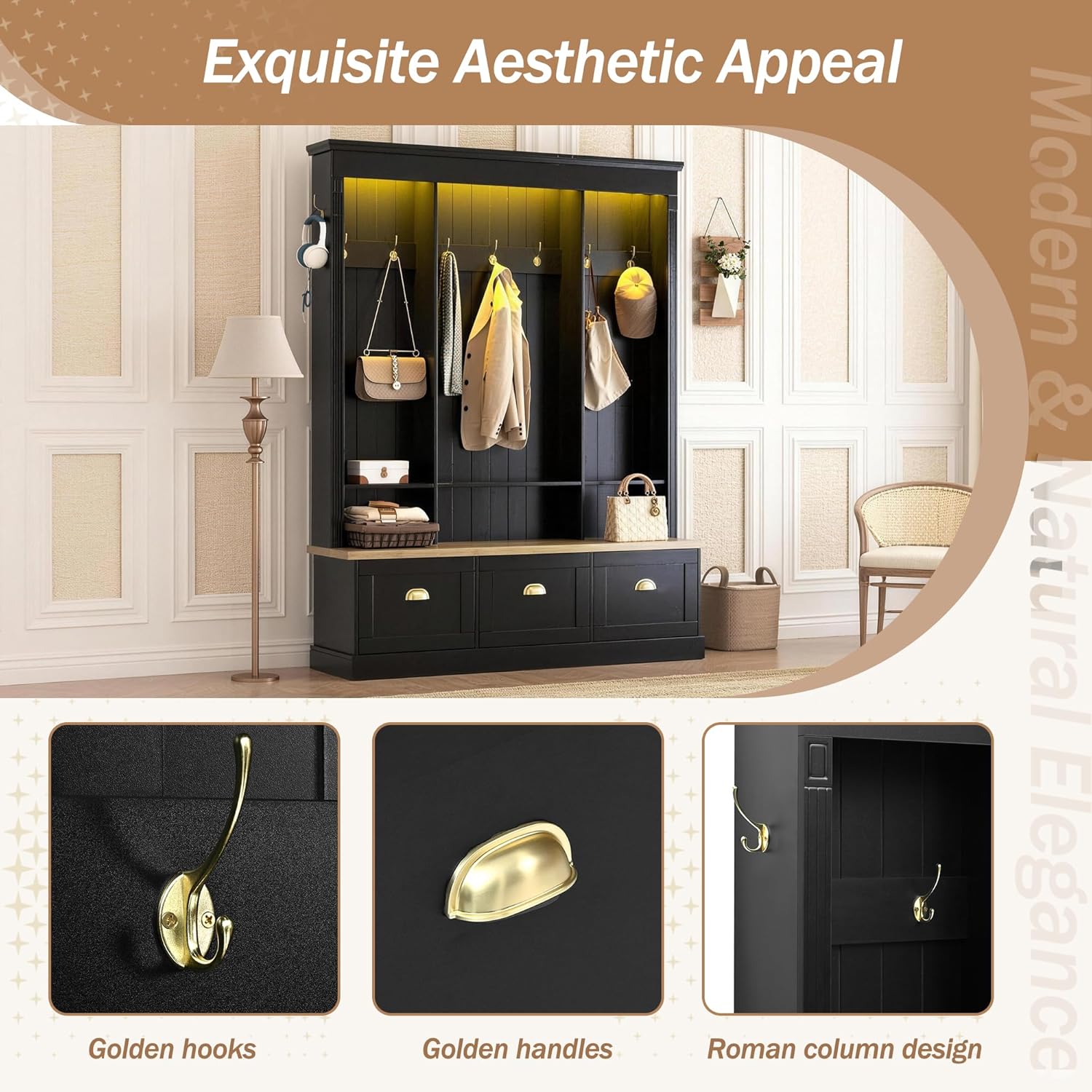 Elegant APP Controlled LED Light Hall Tree with 9 Golden Hooks, Roman Column Design Natural Storage Bench with 3 Large Cabinets, Farmhouse Entryway Organizer with Shelves for Mudroom, Hallway, Black