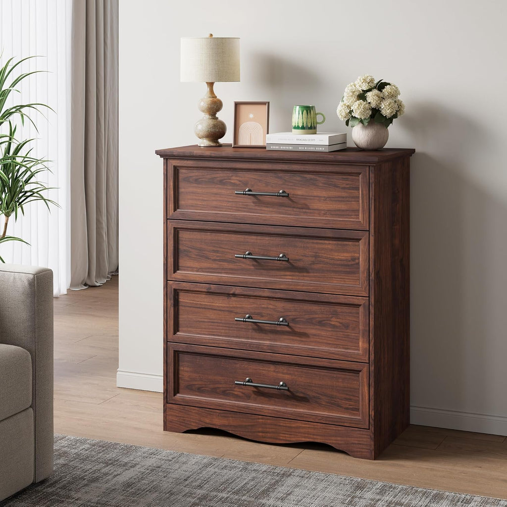 Walnut Dresser for Bedroom, Farmhouse 36" Tall 4 Drawer Chest with Sleek Brushed Metal Handles, Modern Wood Storage Cabinet with Unique Base Design, Closet Organizer for Bedroom, Living Room, Hallway