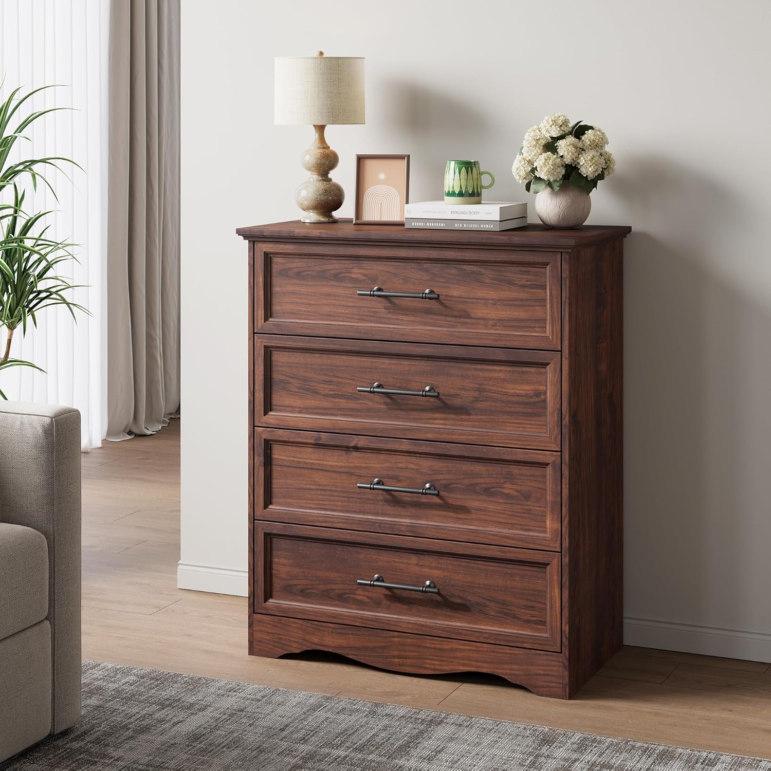Walnut Dresser for Bedroom, Farmhouse 36" Tall 4 Drawer Chest with Sleek Brushed Metal Handles, Modern Wood Storage Cabinet with Unique Base Design, Closet Organizer for Bedroom, Living Room, Hallway