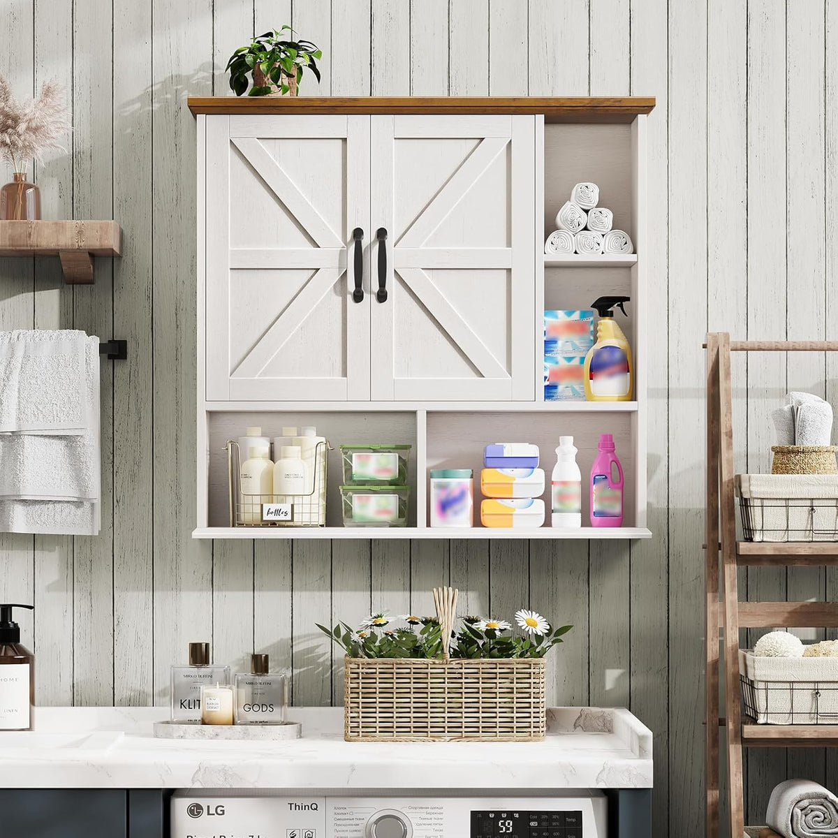 Bathroom Wall Cabinet, Farmhouse Medicine Cabinet with Double Barn Door and Adjustable Wood Shelf, Over The Toilet Storage Cabinet for Wall Mounted for Bathroom Laundry Room Kitchen (White and Brown)