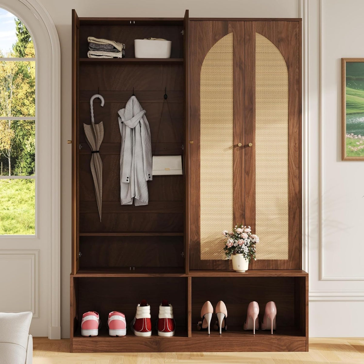 LUMISOL Wide Entryway Hall Tree with Storage Bench and 4 Rattan Doors, 78.7”H Farmhouse Entryway Coat Rack with 6 Hidden Hooks, 4-in-1 Mudroom Organizer with Adjustable Shelf, for Living Room, Walnut