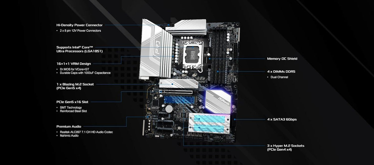 ASRock Intel Core Ultra Z890 Pro RS ATX Motherboard LGA1851 RL-ILM DDR5 8666 MHz 256 GB M.2 PCIe 5.0 Thunderbolt