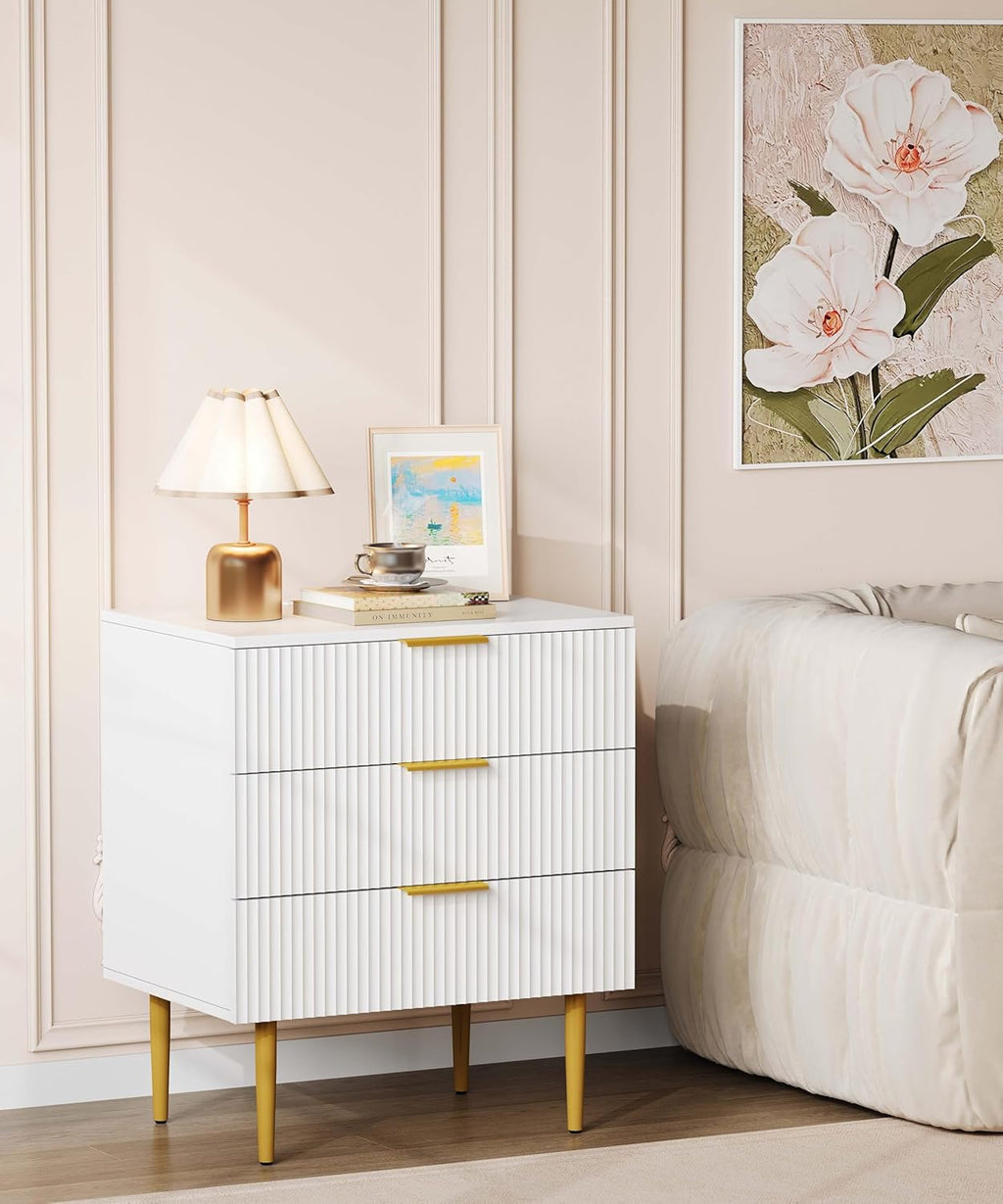 Akxomel 3 Drawer Nightstand with Charging Station, 23.2" W Large Fluted Night Stand, Modern Bedside Table with USB Ports and Outlets, for Bedroom, White and Gold