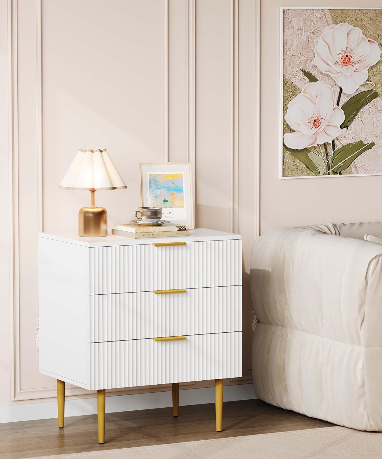 Akxomel 3 Drawer Nightstand with Charging Station, 23.2" W Large Fluted Night Stand, Modern Bedside Table with USB Ports and Outlets, for Bedroom, White and Gold