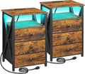 AMHANCIBLE Night Stand Set 2, LED Nightstand with Charging Station, End Side Tables with USB Port & Outlet, Bedside Tables with 3 Fabric Drawers for Bedroom, Rustic Brown HET053LBR