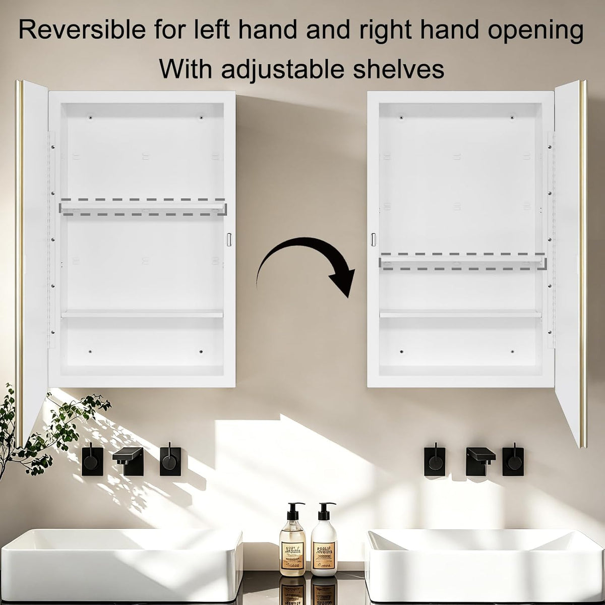 Fundin 16 x 26 White Metal Mirror Cabinet for Bathroom, Gold Beveled Frame Mirror, Recessed or Surface Mount Medicine Cabinet with Adjustable Shelves and Piano Hinge