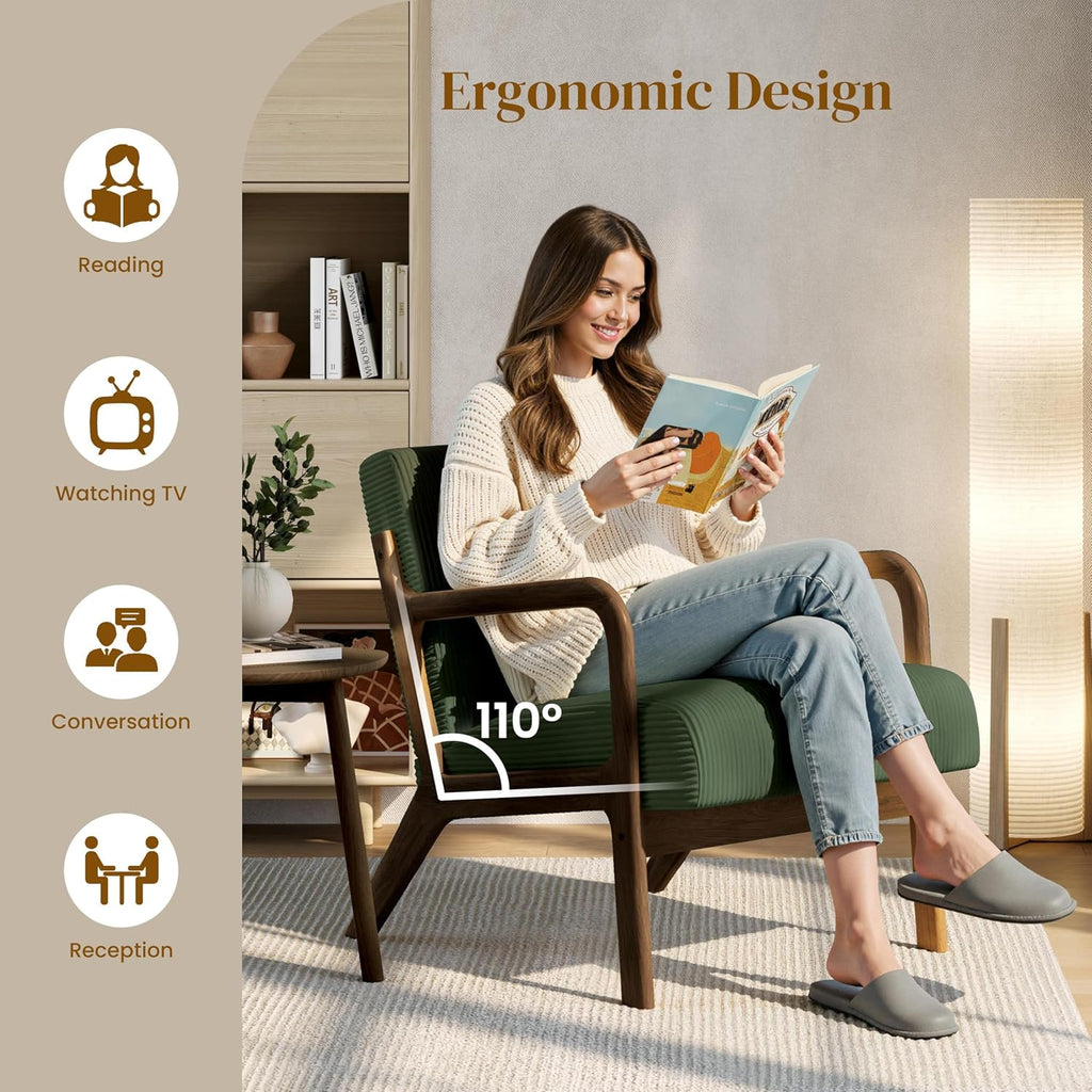 Yaheetech Accent Chair for Living Room, Corduroy Mid Century Modern Reading Armchairs with Lumbar Pillow for Bedroom, Decorative Sofa Chair for Adult Dark Green/Set of 2