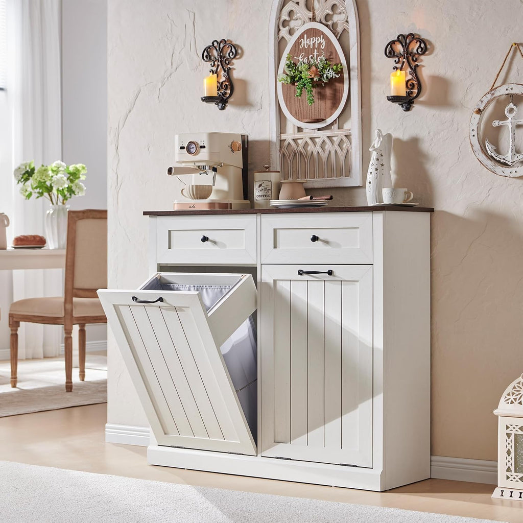IFGET Double Tilt Out Trash Cabinet, 20 Gallon Farmhouse Laundry Hamper Cabinet with 2 Drawers, Hidden Wooden Trash Can Cabinets with Storage Basket for Kitchen, Living Room (Antique White)
