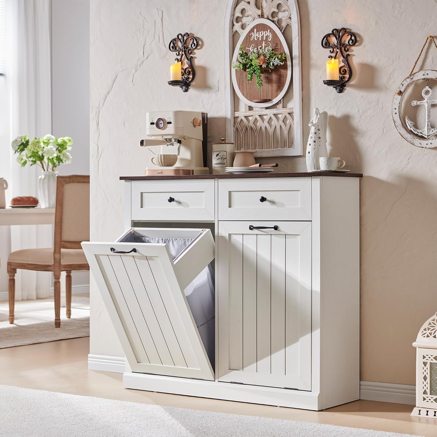 IFGET Double Tilt Out Trash Cabinet, 20 Gallon Farmhouse Laundry Hamper Cabinet with 2 Drawers, Hidden Wooden Trash Can Cabinets with Storage Basket for Kitchen, Living Room (Antique White)