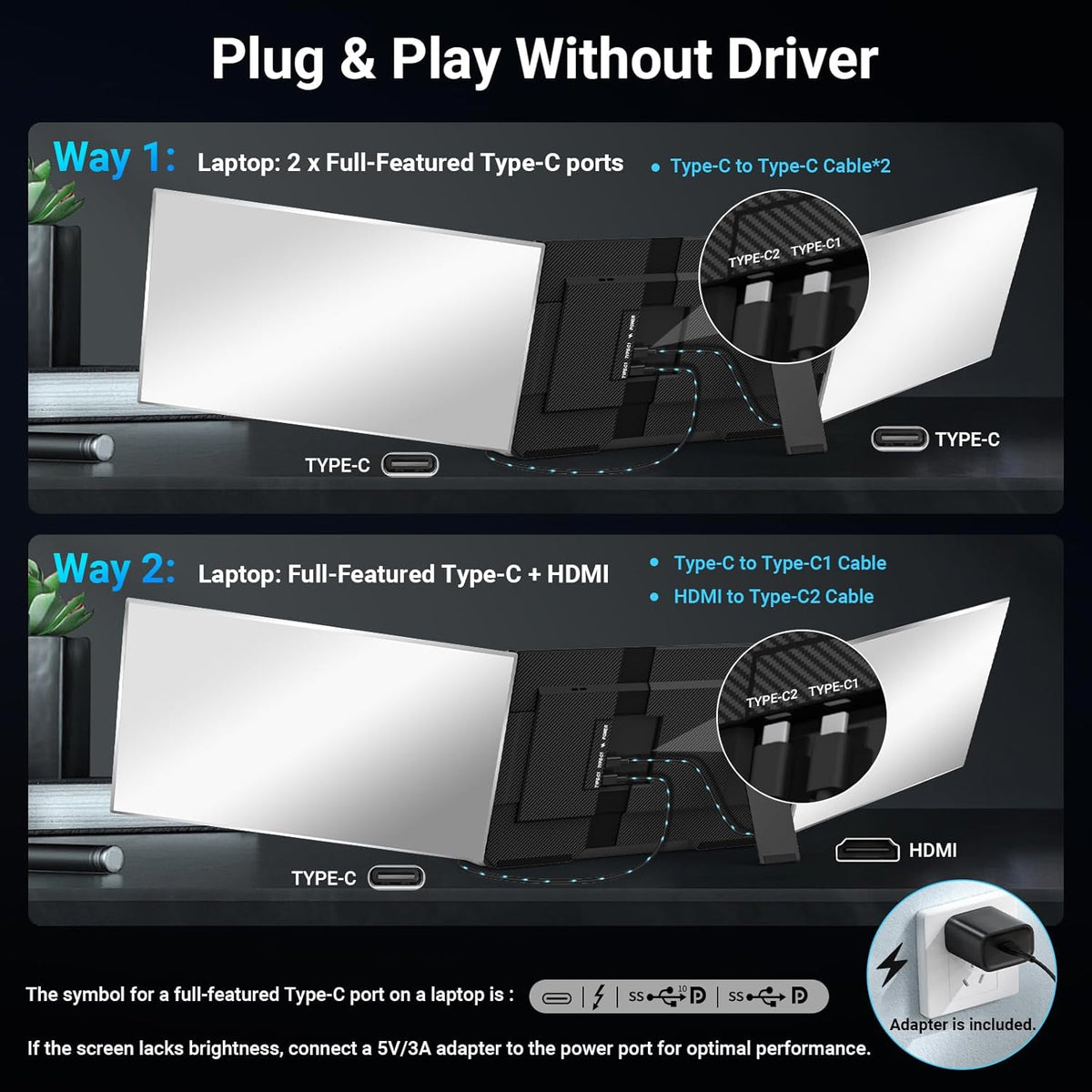 15.6" Laptop Screen Extender, 1080P FHD Triple Portable Monitor for Laptops, Ultra-Slim Travel Dual Monitor Fit for 13-17.3" Laptops, USB-C Plug&Play Extended Screen Compatible with Win/Mac/Android