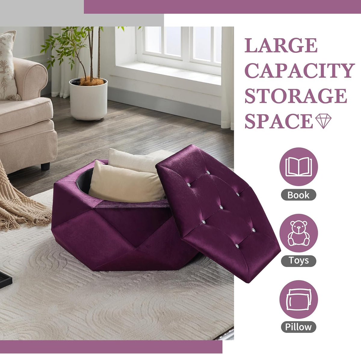 Christopher Knight Home Kiin Velvet Storage Ottoman, Medium Ottoman Foot Rest, Foot Stools Ottoman with Storage, Living Room Sofa Couch Extra Seat, Modern Coffee Table for Home Office, Purple