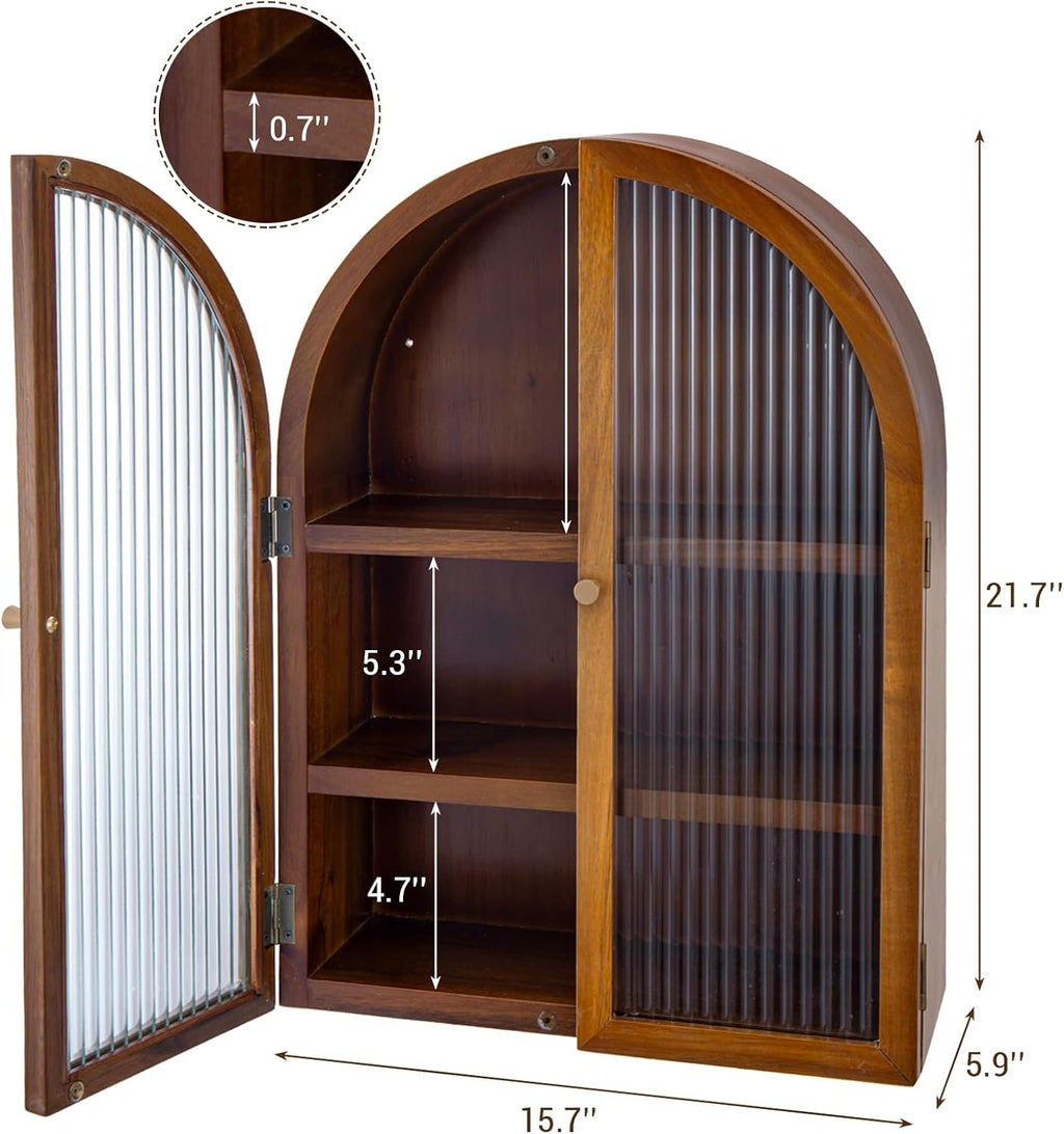 MyGift Medicine Cabinet, Arched Wall Cabinet, Bathroom Medicine Wall Mounted Cupboard, Mid Century Style Floating Storage Cabinet with Glass Door, Natural Acacia Wood