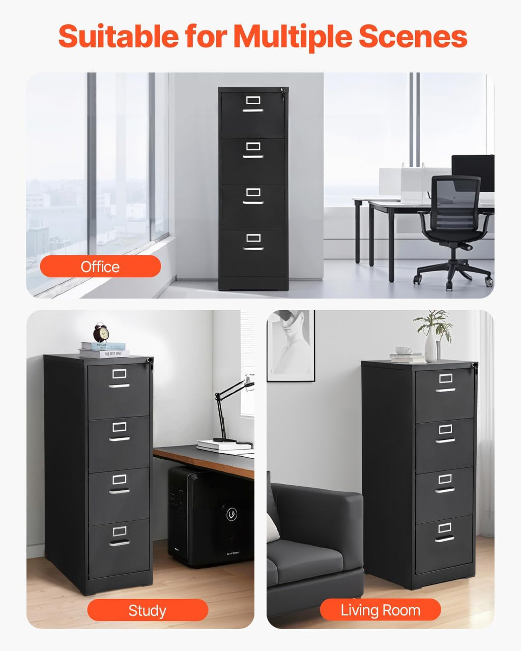 VEVOR 4 Drawer File Cabinet with Lock, Metal Vertical Filing Storage Cabinets for Home Office, Heavy-Duty Cabinet with Detachable Hanging Rod, for A4/Letter/Legal Size File, Easy Assembly (Black)