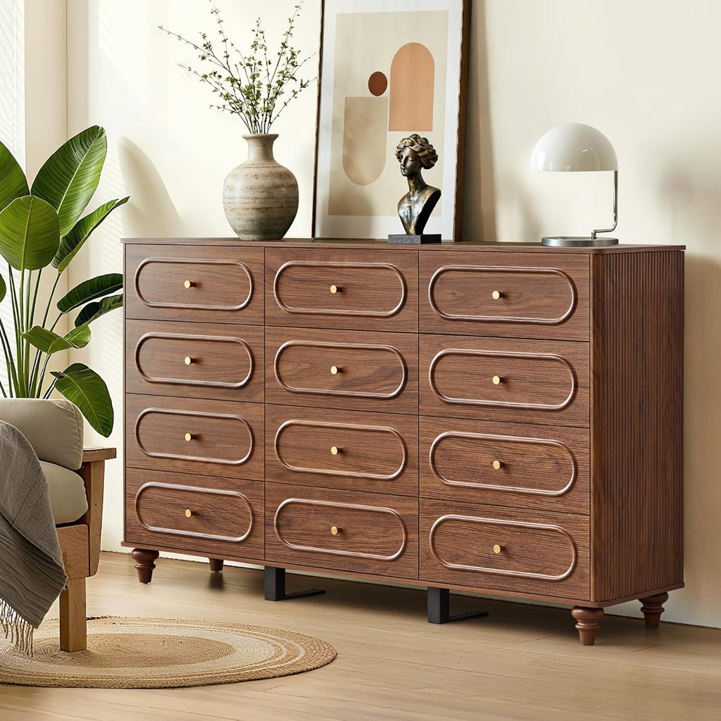 ORRD 12 Drawer Fluted Dresser for Bedroom, Mid Century Modern Chest of Drawers, Wood Storage Small Dresser Organizer for Bedroom Living Room Hallway Closet, Walnut