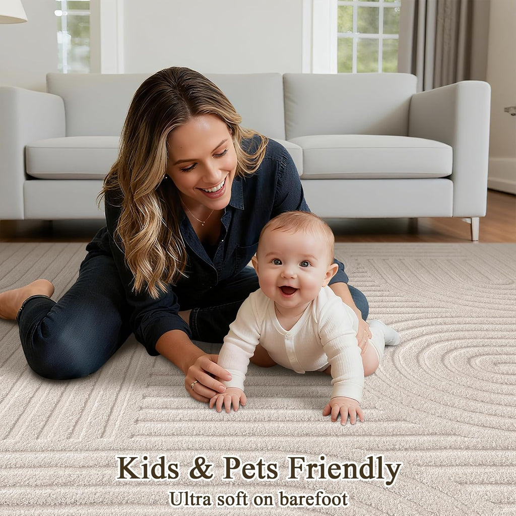 SHACOS Soft Cozy Fluffy Arch Pattern High Low Pile Area Rugs 9'x12' Large Non Slip Washable Modern Geometric Rug Scandinavian Minimalist Carpet for Living Room Bedroom Dining Room, Beige