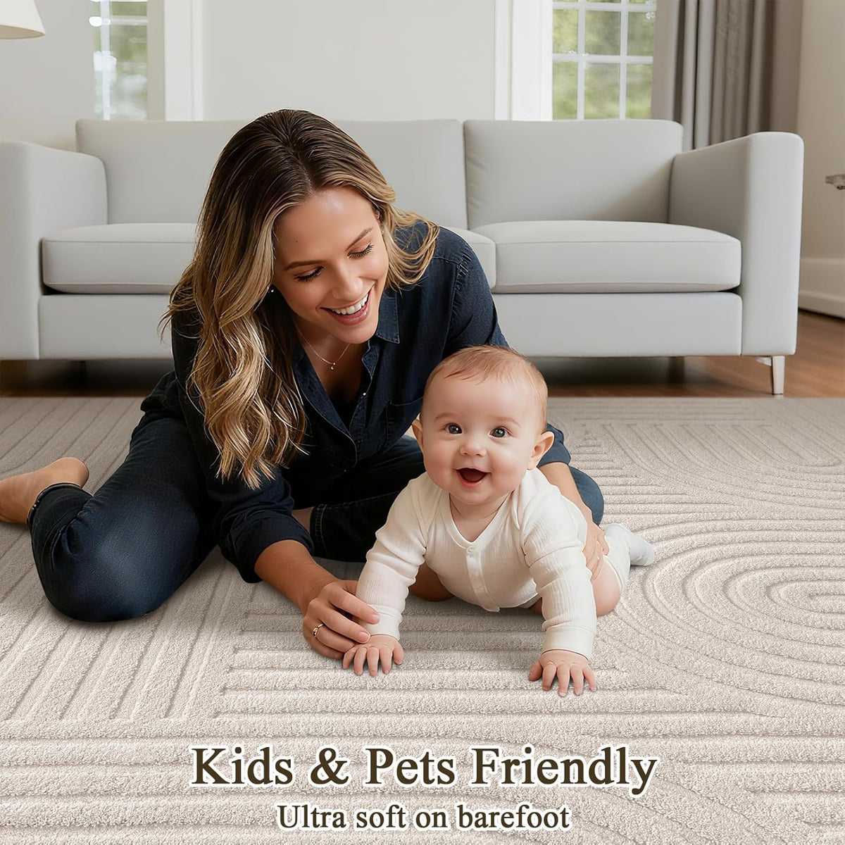 SHACOS Soft Cozy Fluffy Arch Pattern High Low Pile Area Rugs 9'x12' Large Non Slip Washable Modern Geometric Rug Scandinavian Minimalist Carpet for Living Room Bedroom Dining Room, Beige