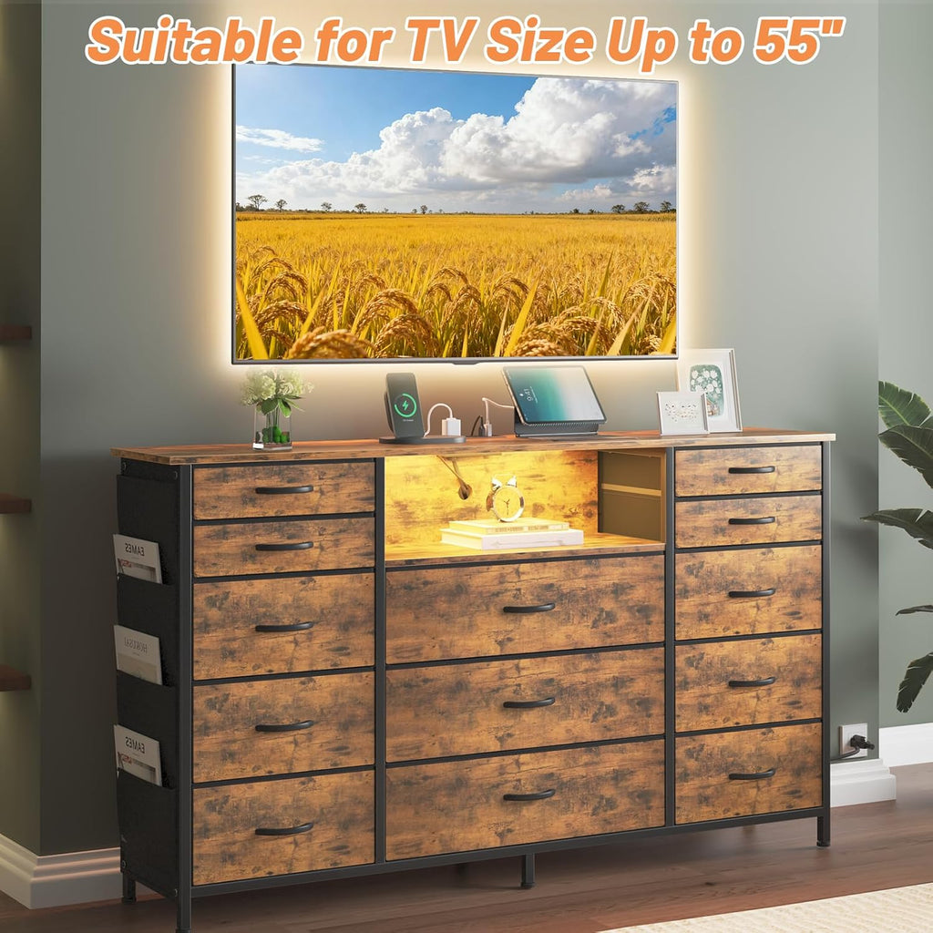 HCHQHS Dresser for Bedroom with 13 Drawers, 47 Inch Fabric Dresser with Remote Control Lights, Side Pockets & Hooks for Closet or Large TV Stand (Rural Brown)
