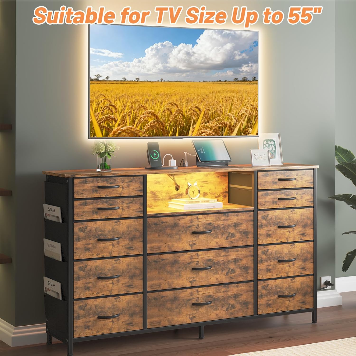 HCHQHS Dresser for Bedroom with 13 Drawers, 47 Inch Fabric Dresser with Remote Control Lights, Side Pockets & Hooks for Closet or Large TV Stand (Rural Brown)