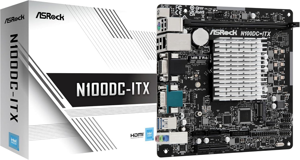 ASRock N100DC-ITX Mini-ITX Motherboard - Intel N100 Quad-Core (3.4GHz), DDR4, HDMI/D-Sub, Dual M.2 (NVMe/WiFi), SATA3, USB 3.2, Gigabit LAN, 19V DC Power