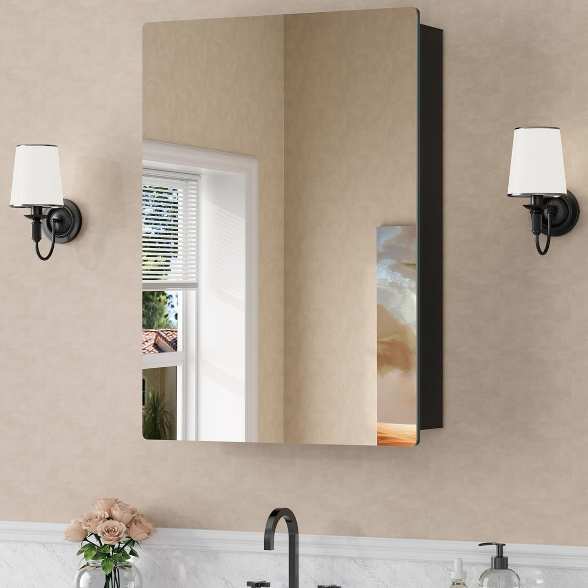 14”x24” Wall Mounted Medicine Cabinet with Mirror, 13.1” x 21.1” Recessed Bathroom Cabinets for Storage, Adjustable Tempered Glass Shelves, Soft-close DTC Hinges, HD Reflection, Pre-assembled, Black