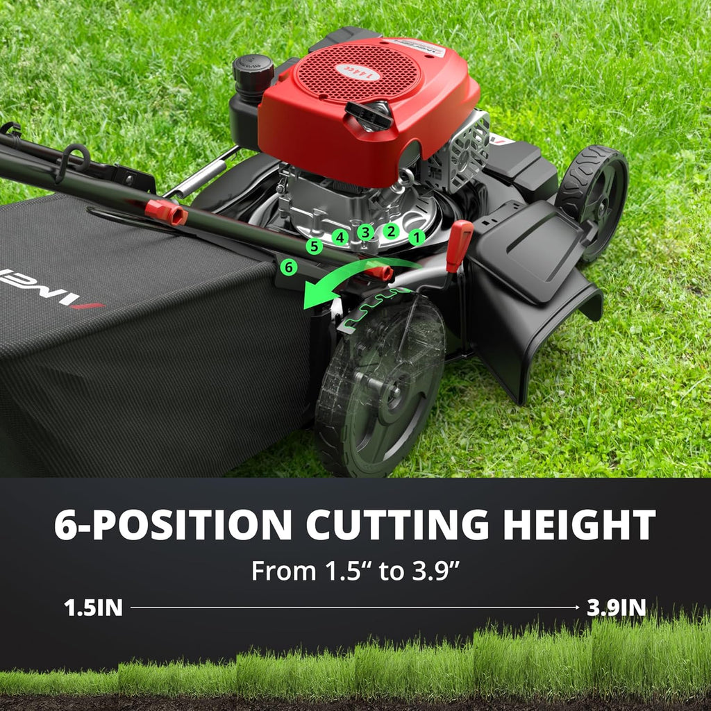 AMERISUN 21-Inch 3IN1 Push Gas Lawn Mower with Mulching, Bagging & Side Discharge, 144cc 4-Stroke OHV Engine, Adjustable 6-Height Cutting, 1.4 Bushel Grass Catcher, Residential Yard & Garden Use