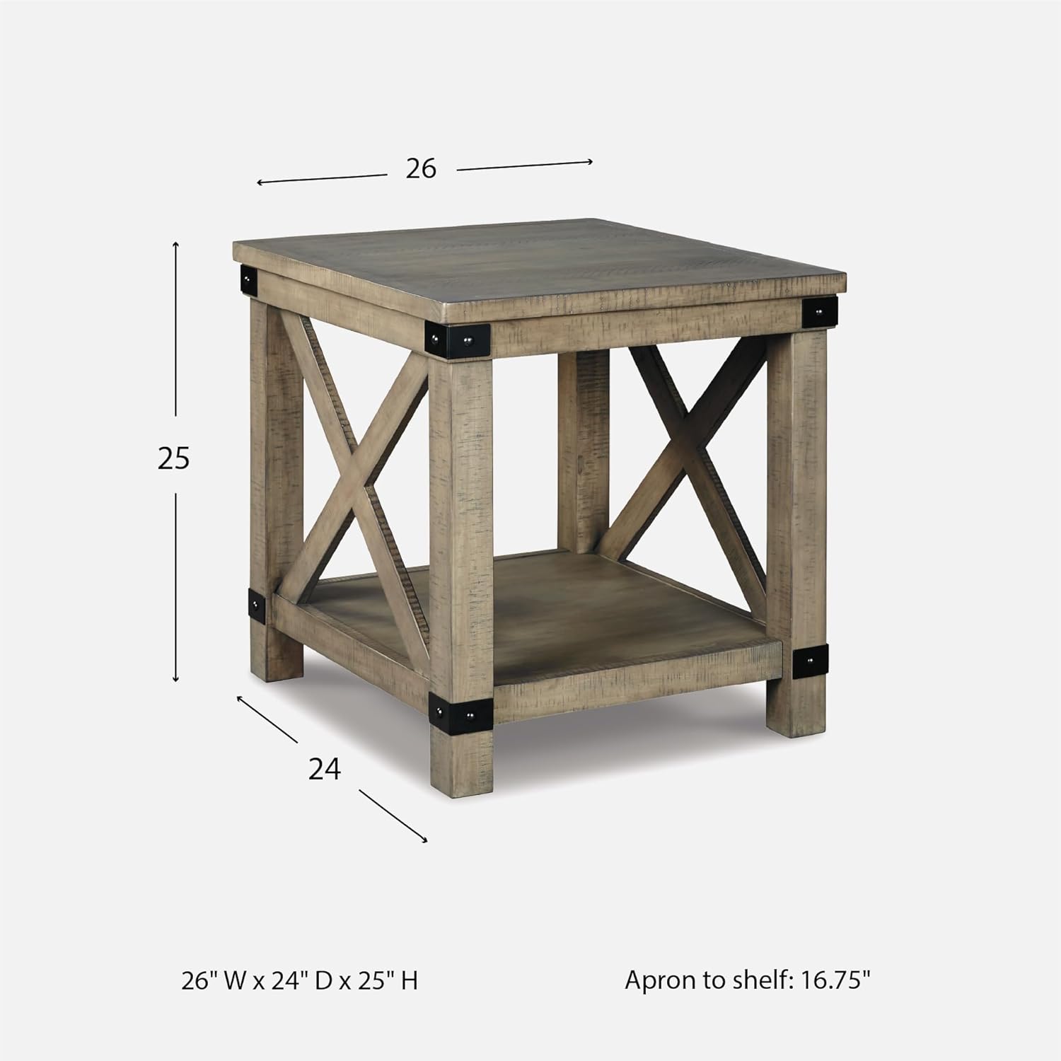 Signature Design by Ashley Aldwin Casual Farmhouse Rectangular End Table with Crossbuck Details, Metal Bracket Accents, Wood, 25" High, Weathered Gray
