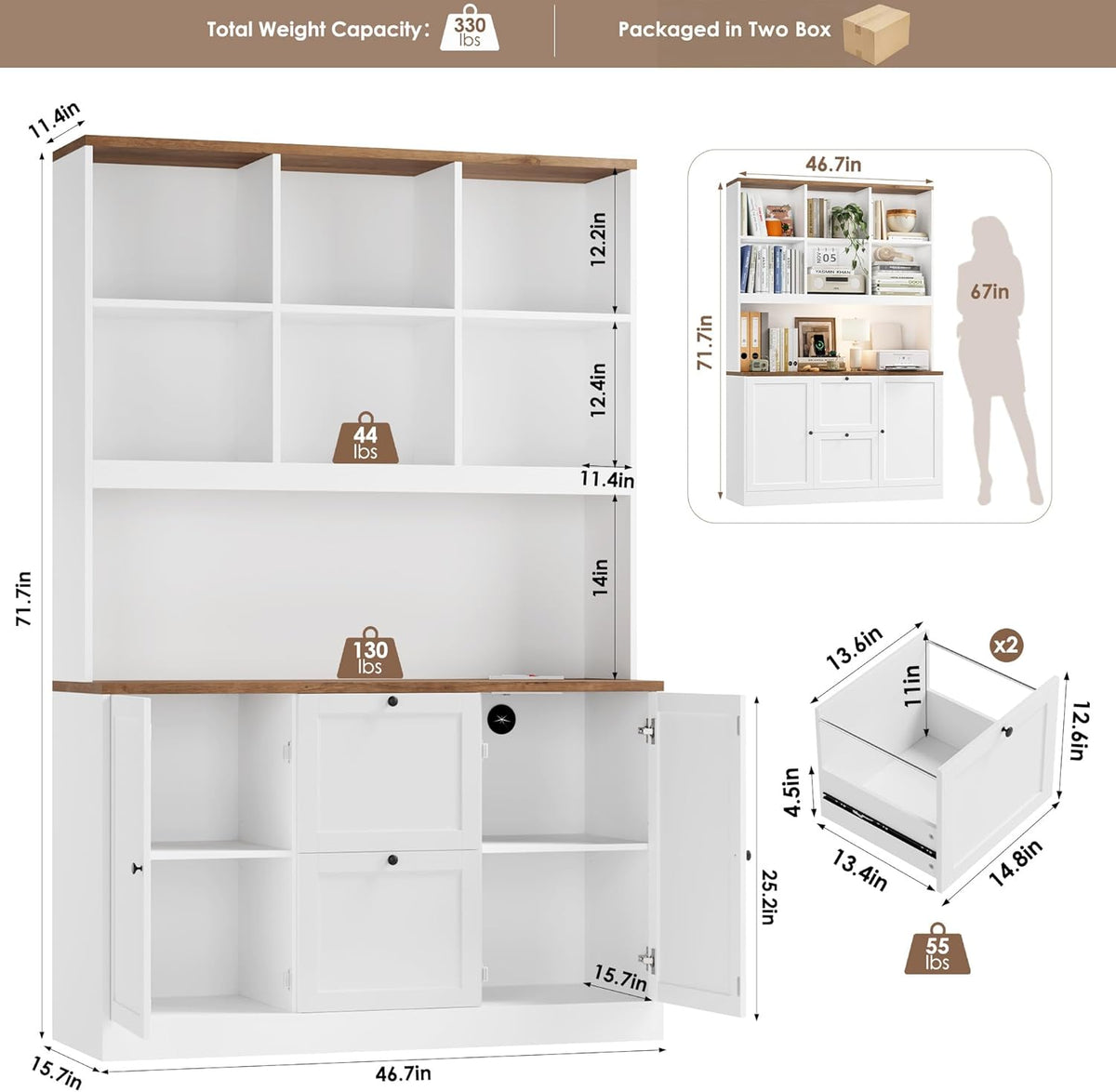 HIFIT 72'' Tall File Bookcase with Power Outlet & Printer Stand, 2 Drawer Filing Cabinets for Home Office Fit Hanging A4 File, Storage Cabinet w/ 3 Tier Open Book Shelf & Doors for Living Room, White