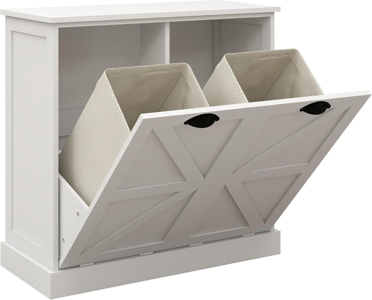 Modern Farmhouse Barn Door Double Compartment Slanted Laundry Organizer,Freestanding Hidden Laundry Cabinet with 2 Removable Liner Pockets for Bathroom(White-03)