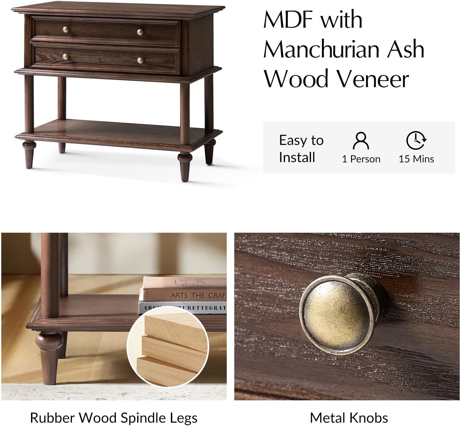 HULALA HOME Farmhouse Nightstand Set of 2 with Drawer & Open Shelf, Natural Wood End Table with Solid Wood Legs, 28.4'' Wide Sofa Side Table with Charging Station(Walnut)