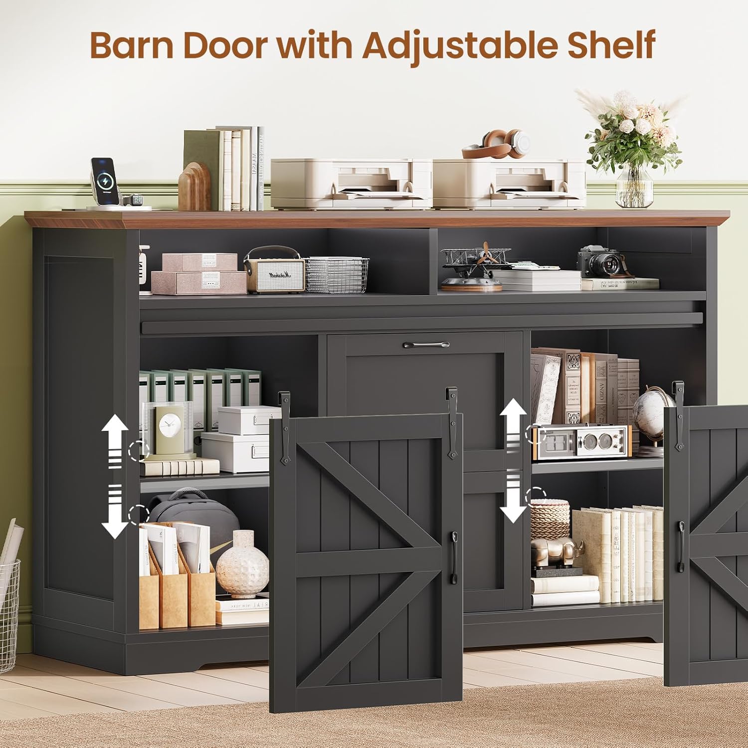 SEDETA 47.2" File Cabinet, 2 Drawers Filing Cabinets for Home Office fit Legal/Letter/A4 File, Farmhouse File Cabinet with Barn Door & Power Outlets, Printer Stand with Storage & LED Lights, Black