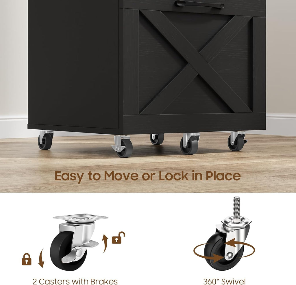 Halitaa 3 Drawer Tall File Cabinet with Wheels, Farmhouse Vertical Filing Cabinet Fits Letter/A4 Size, Rolling File Cabinets Wooden Printer Stand for Home Office, Black