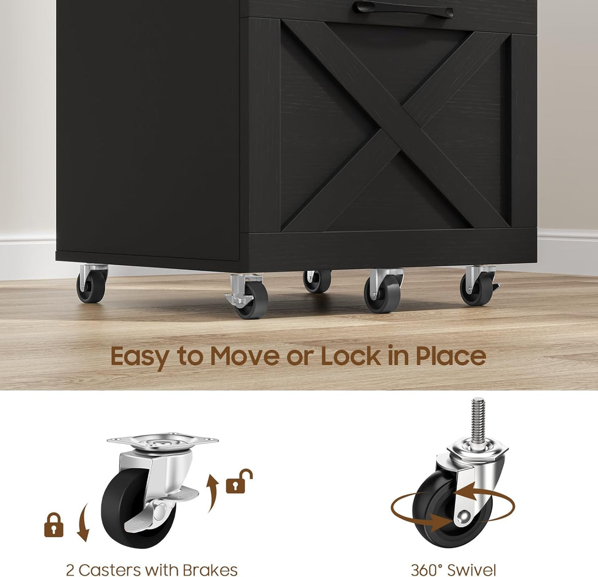 Halitaa 3 Drawer Tall File Cabinet with Wheels, Farmhouse Vertical Filing Cabinet Fits Letter/A4 Size, Rolling File Cabinets Wooden Printer Stand for Home Office, Black